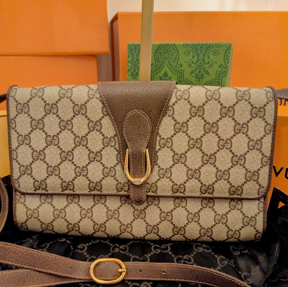 Vintage GUCCI Flap Crossbody, Clutch Or Shoulder GG Monogram Bag W/Dust Bag